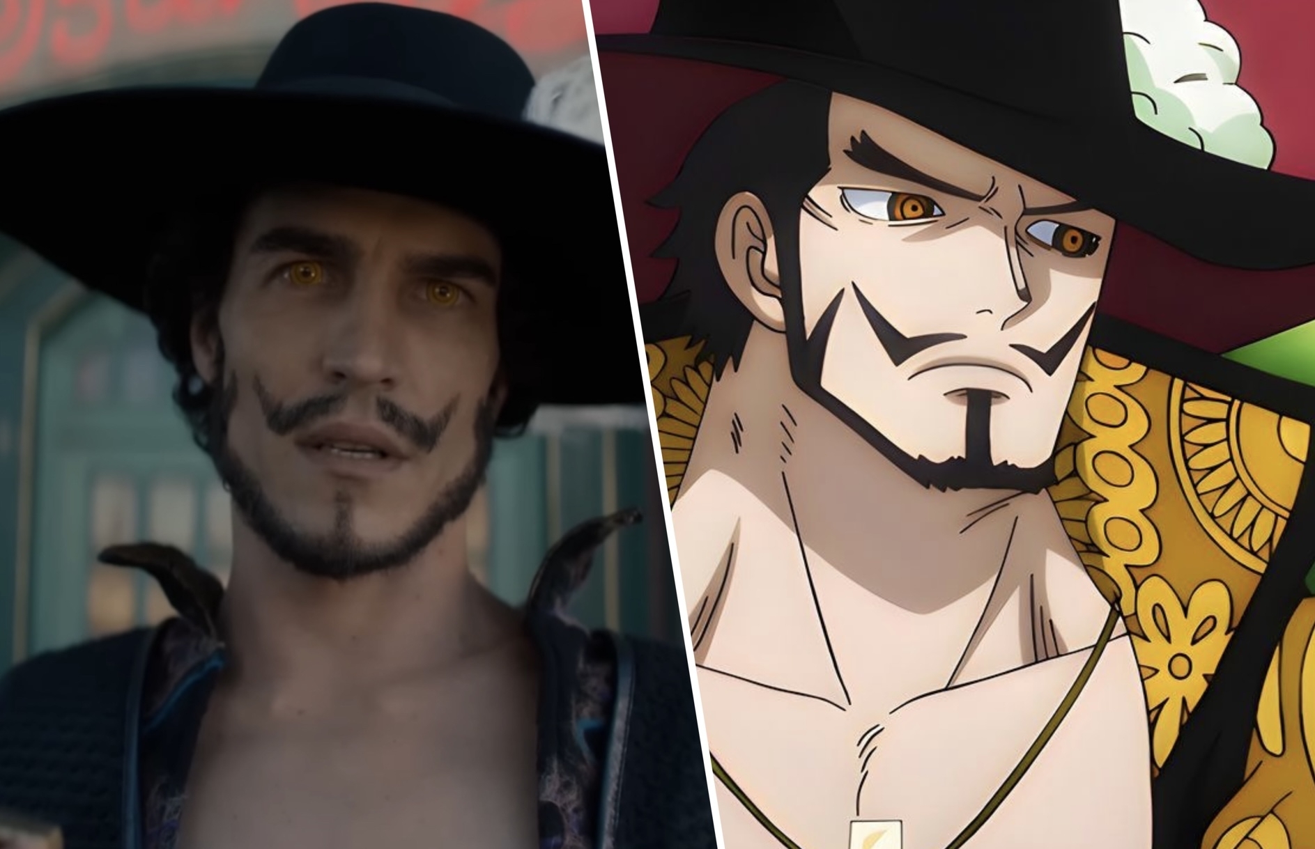 A side-by-side examination of the live-action versus the animated movie of the quality Dracule Mihawk from the bid One Piece