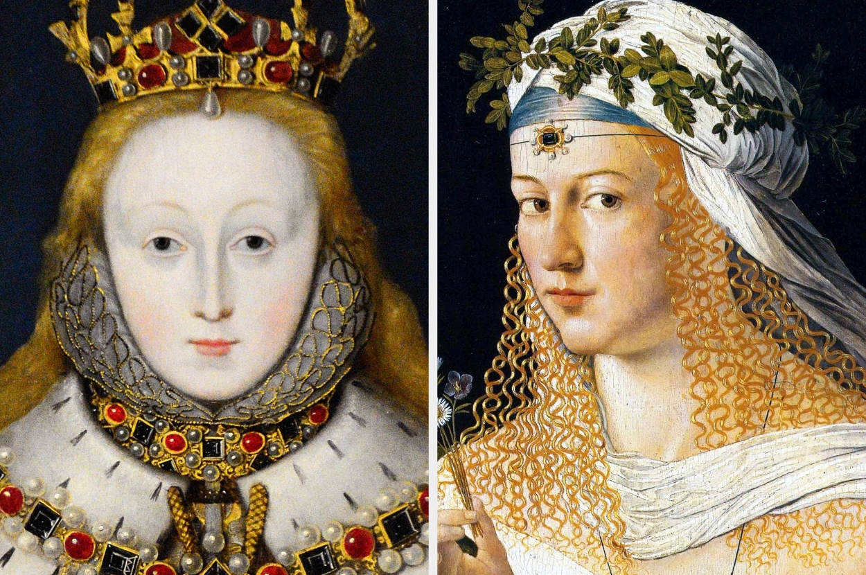 Historical portraits: A queen with an ornate crown and necklace, alongside a woman wearing a wreath and veil, holding a flower