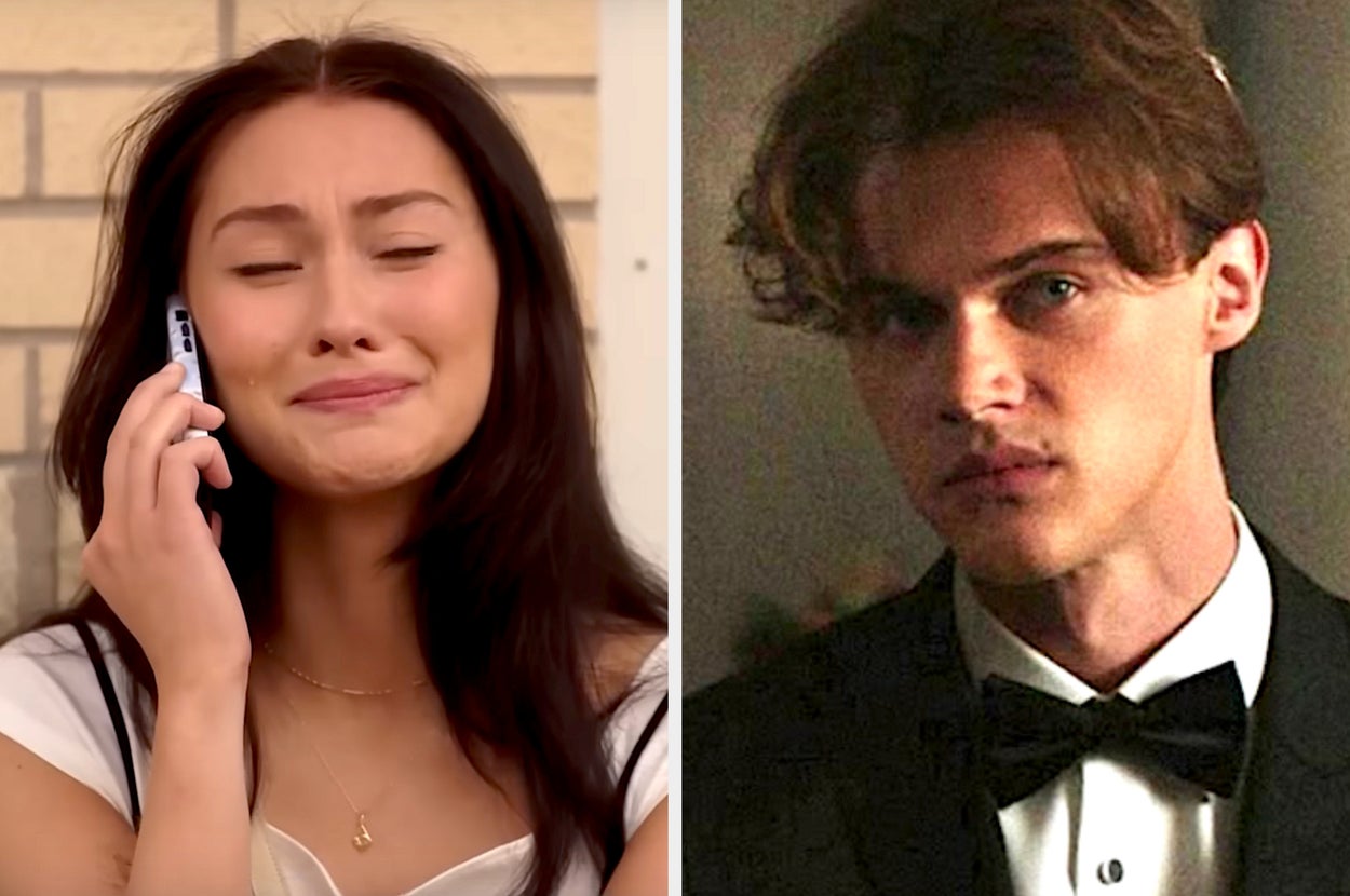 Two young adults: one appears emotional on a phone, the other in formal attire with a serious expression