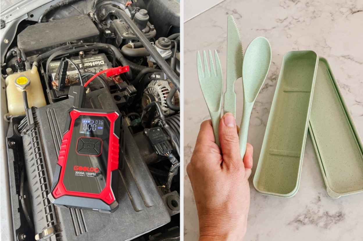 Portable car jump starter on an engine; hand holding eco-friendly cutlery set with case on a marble surface