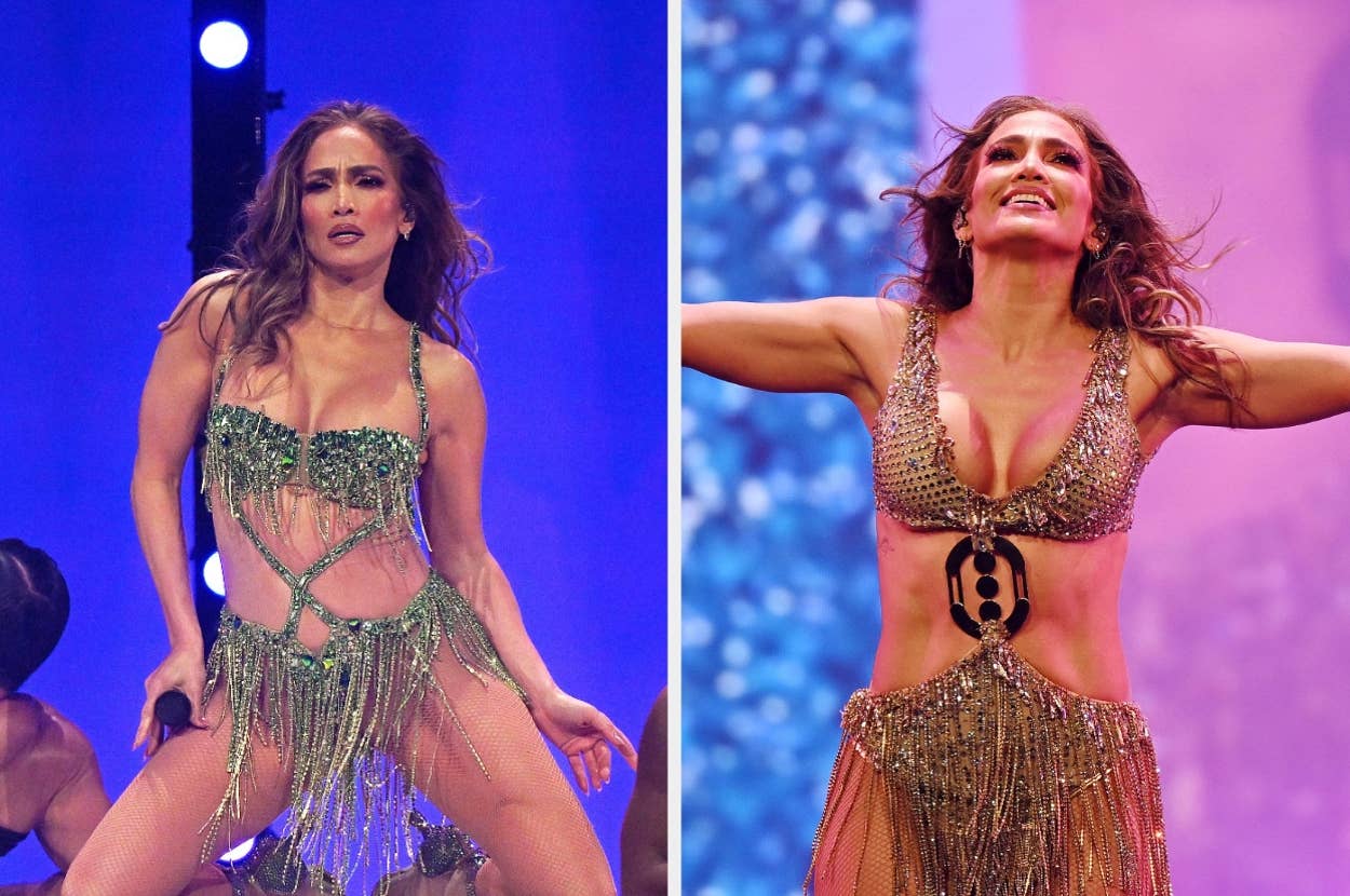 Two images of a performer in elaborate, bejeweled stage outfits, dancing energetically during a live performance