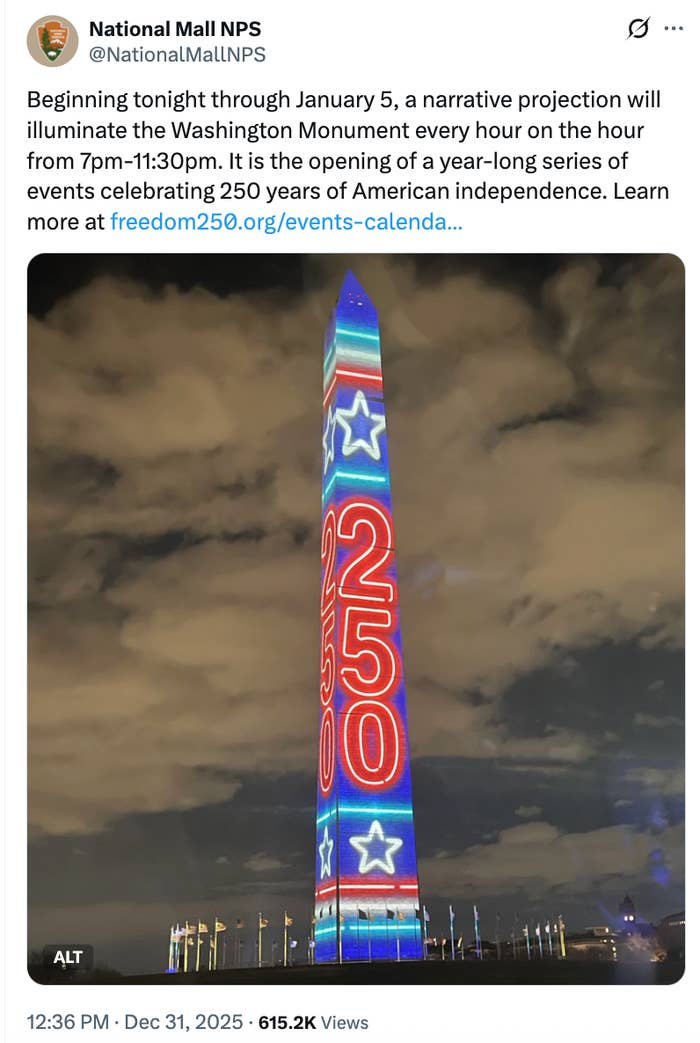 Illuminated Washington Monument show  with "250" and stars, marking the commencement  of events celebrating 250 years of American independence