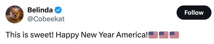 Tweet saying, "This is sweet! Happy New Year America!" with 3  U.S. emblem  emojis