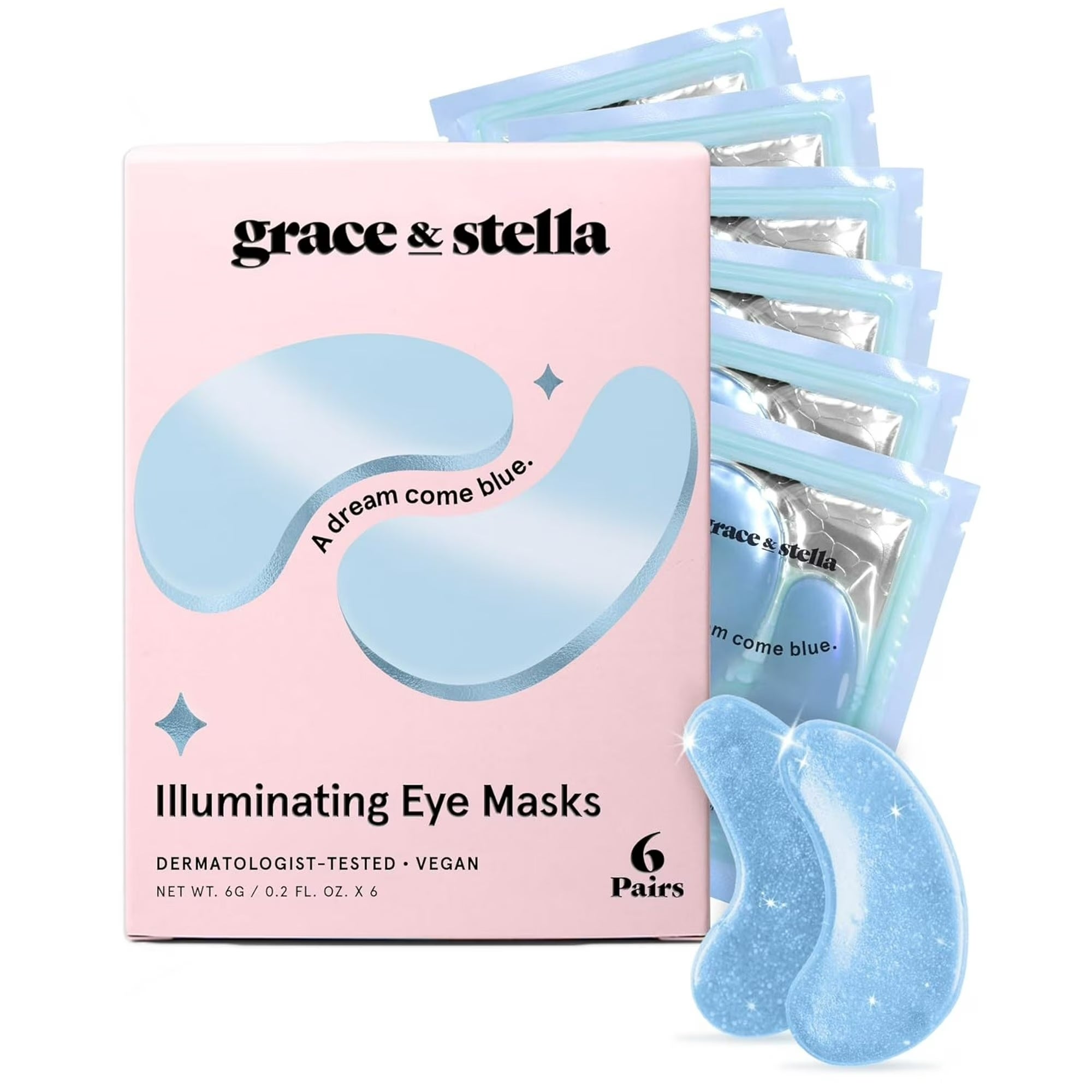 Grace & Stella Illuminating Eye Masks packaging with six masks displayed, highlighting dermatologist-tested and vegan features, perfect  for skincare