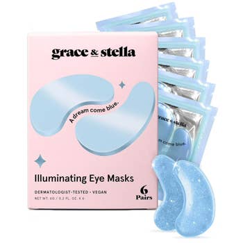 Grace & Stella Illuminating Eye Masks packaging with six masks displayed, highlighting dermatologist-tested and vegan features, perfect for skincare