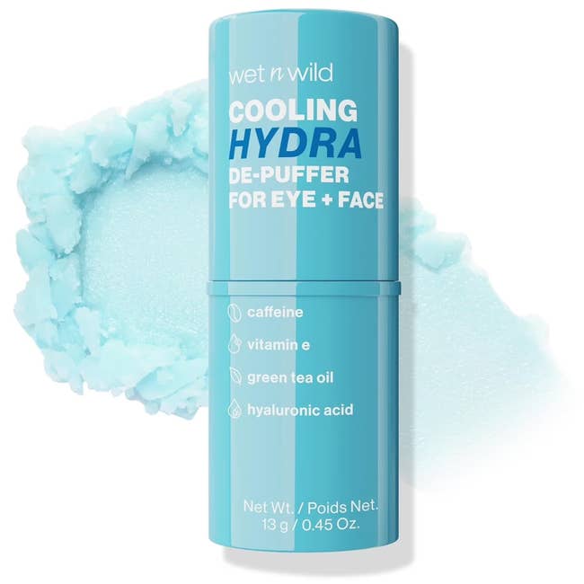 Wet n Wild Cooling Hydra De-Puffer instrumentality for eyes and face, featuring caffeine, vitamin E, greenish beverage oil, and hyaluronic acid