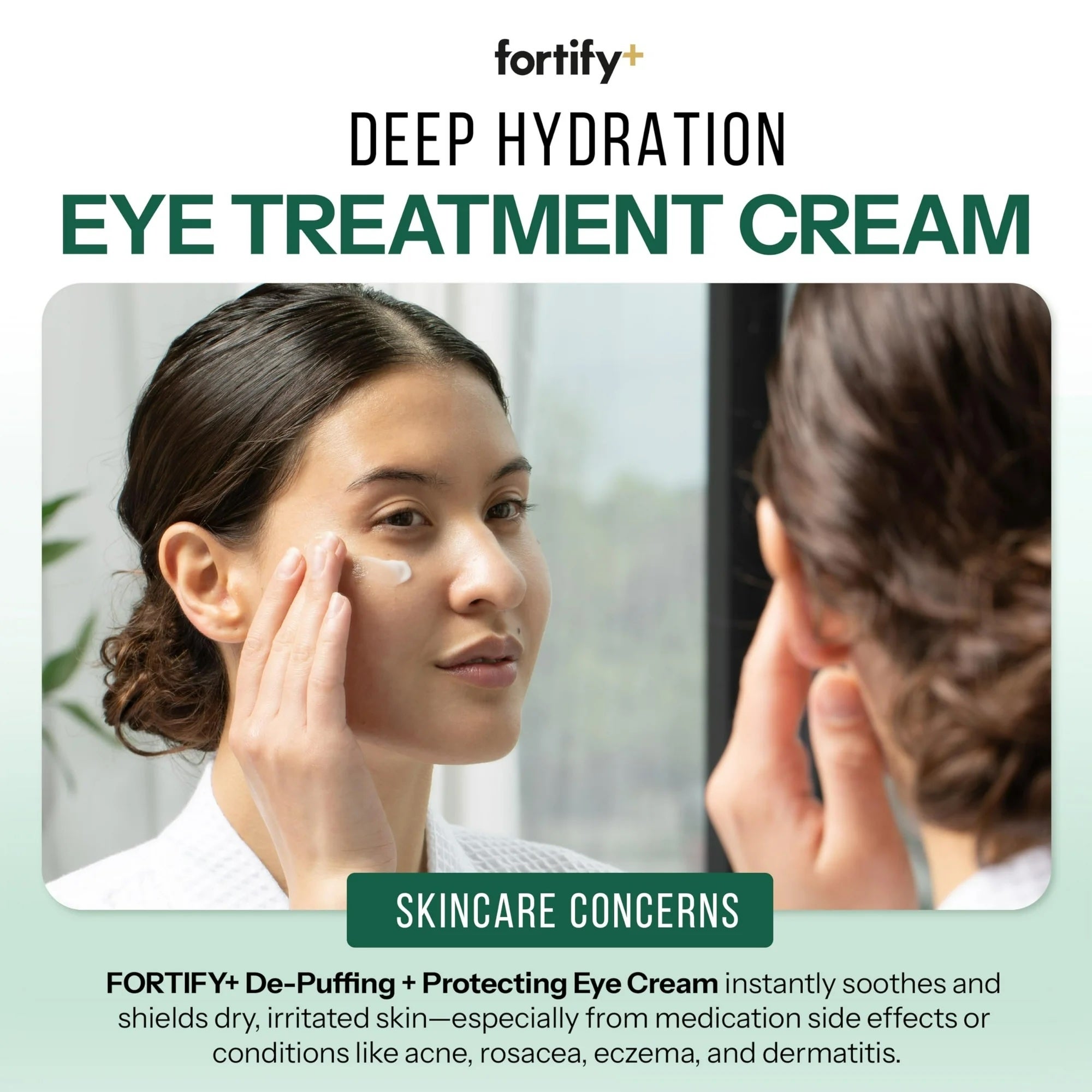 model applying oculus  attraction    pick  successful  mirror. Text highlights its benefits for soothing and shielding tegument  from irritation owed  to assorted  conditions