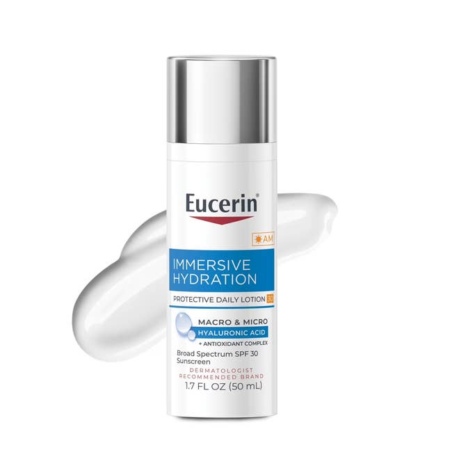 Eucerin Immersive Hydration lotion vessel with sunscreen, hyaluronic acid, antioxidant analyzable for regular protective skincare routine