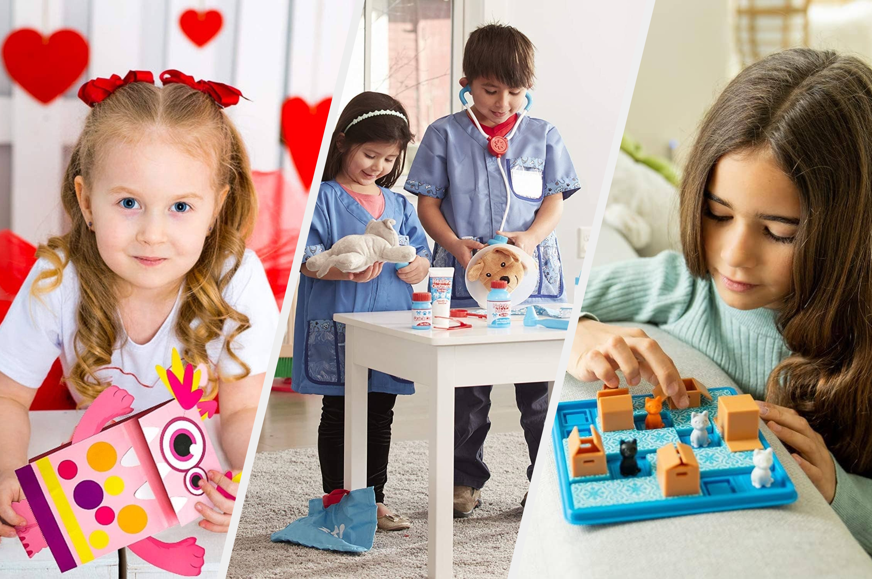 Children playing with educational and tactile toys: a girl with a craft project and another using a logic puzzle game