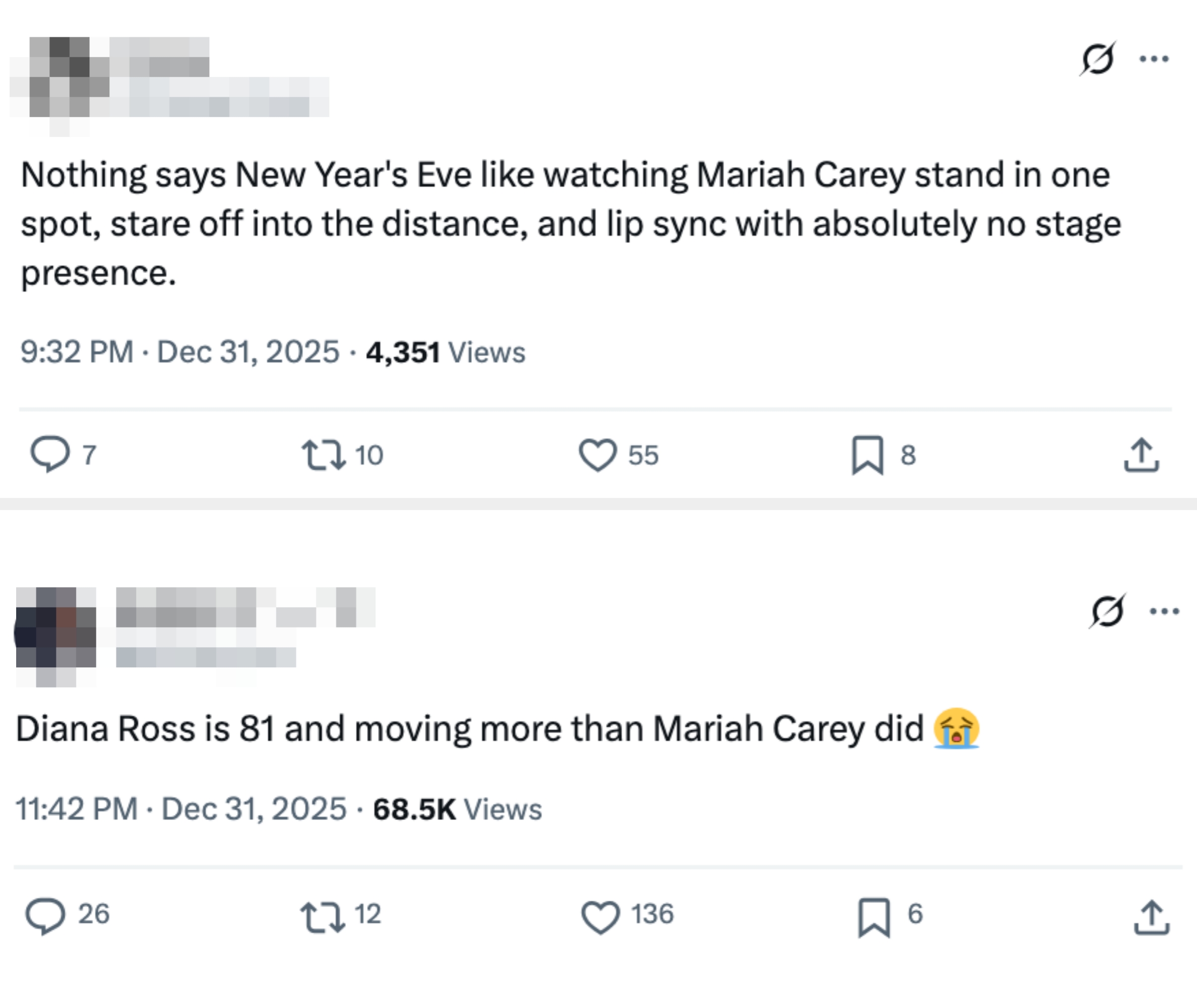 Tweet jokingly criticizes Mariah Carey's New Year's Eve show for deficiency of signifier presence, mentioning staring and lip-syncing