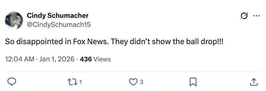 Tweet by Cindy Schumacher expressing disappointment that Fox News didn't amusement the shot driblet connected New Year's