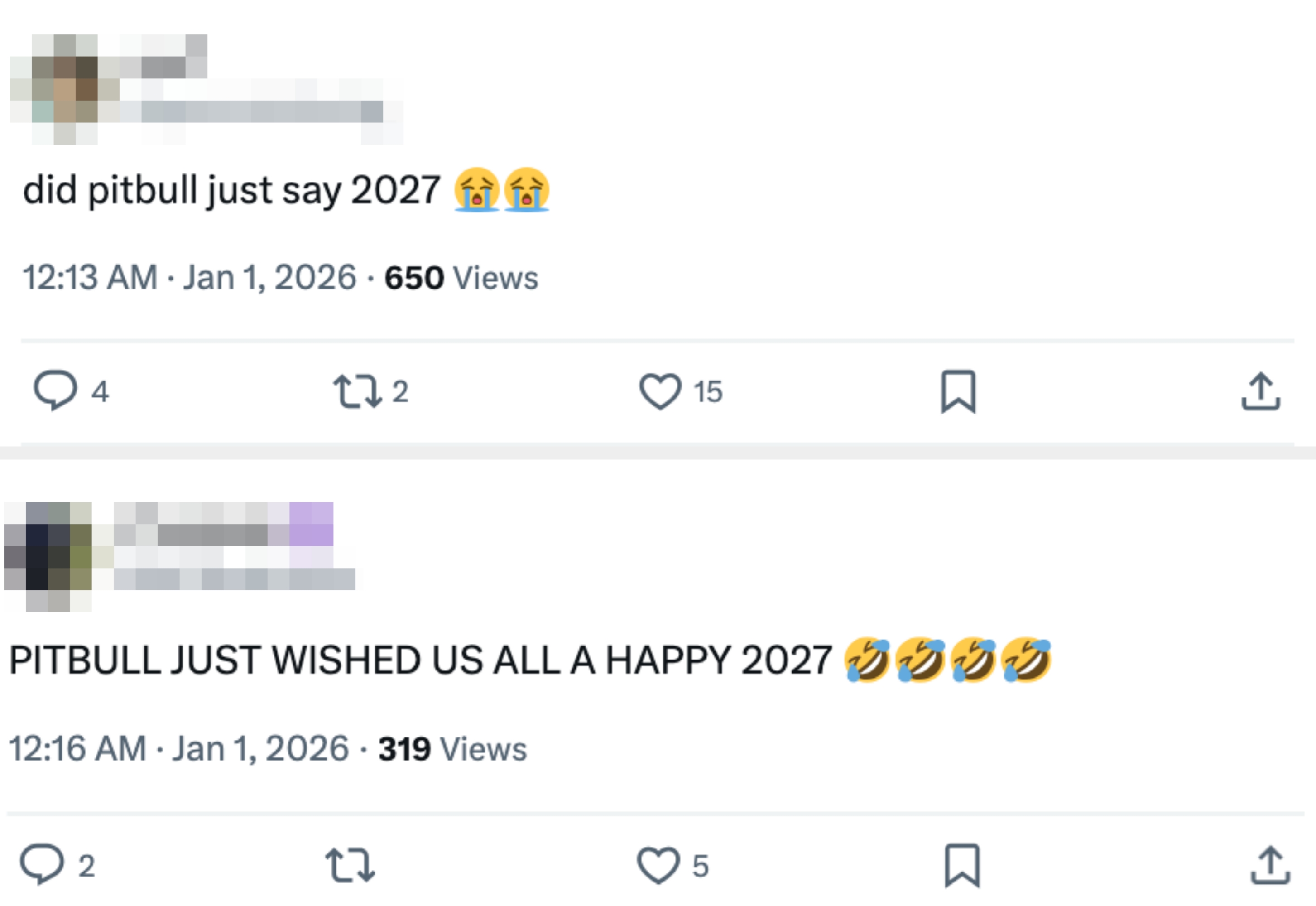 Tweet asking if Pitbull mentioned "2027" with crying look emojis