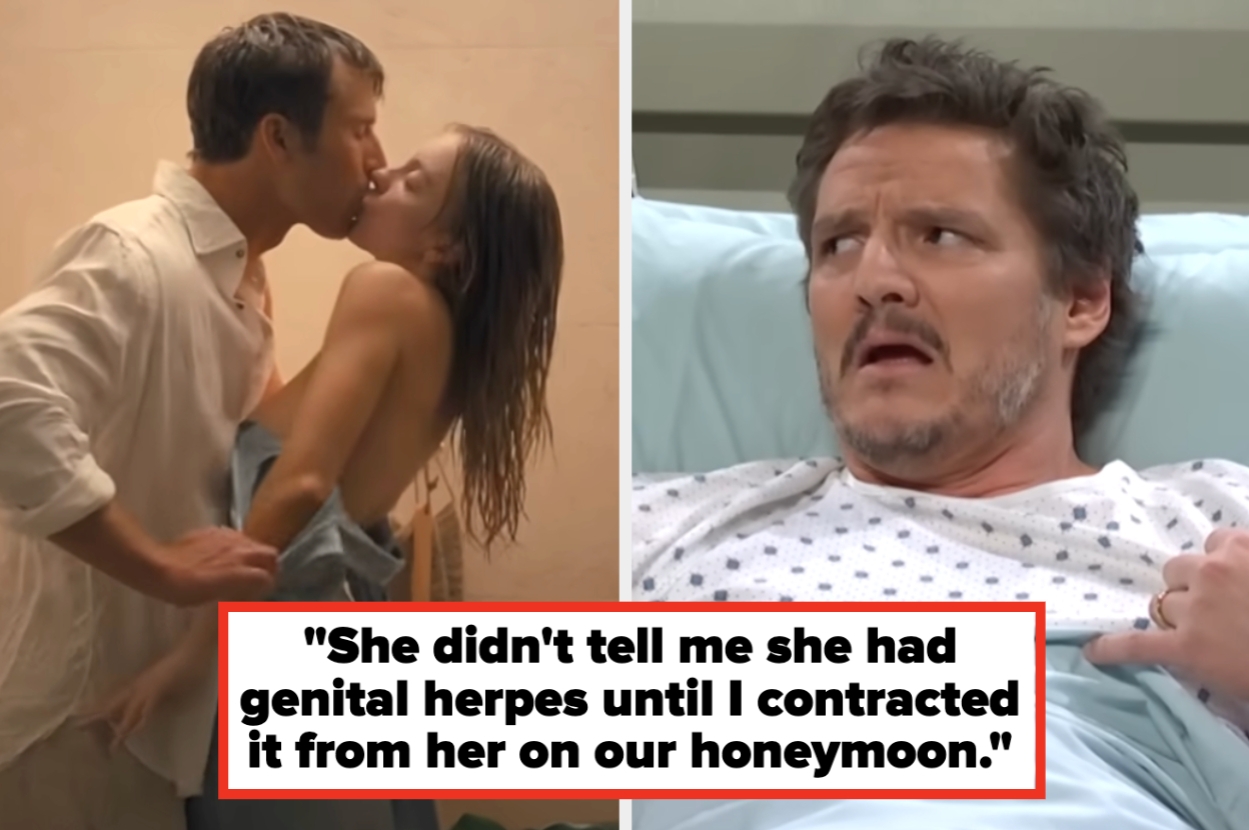 Split image: left shows a couple kissing intimately; right shows a man in a hospital bed looking surprised. Text: "She didn't tell me she had genital herpes until I contracted it from her on our honeymoon."