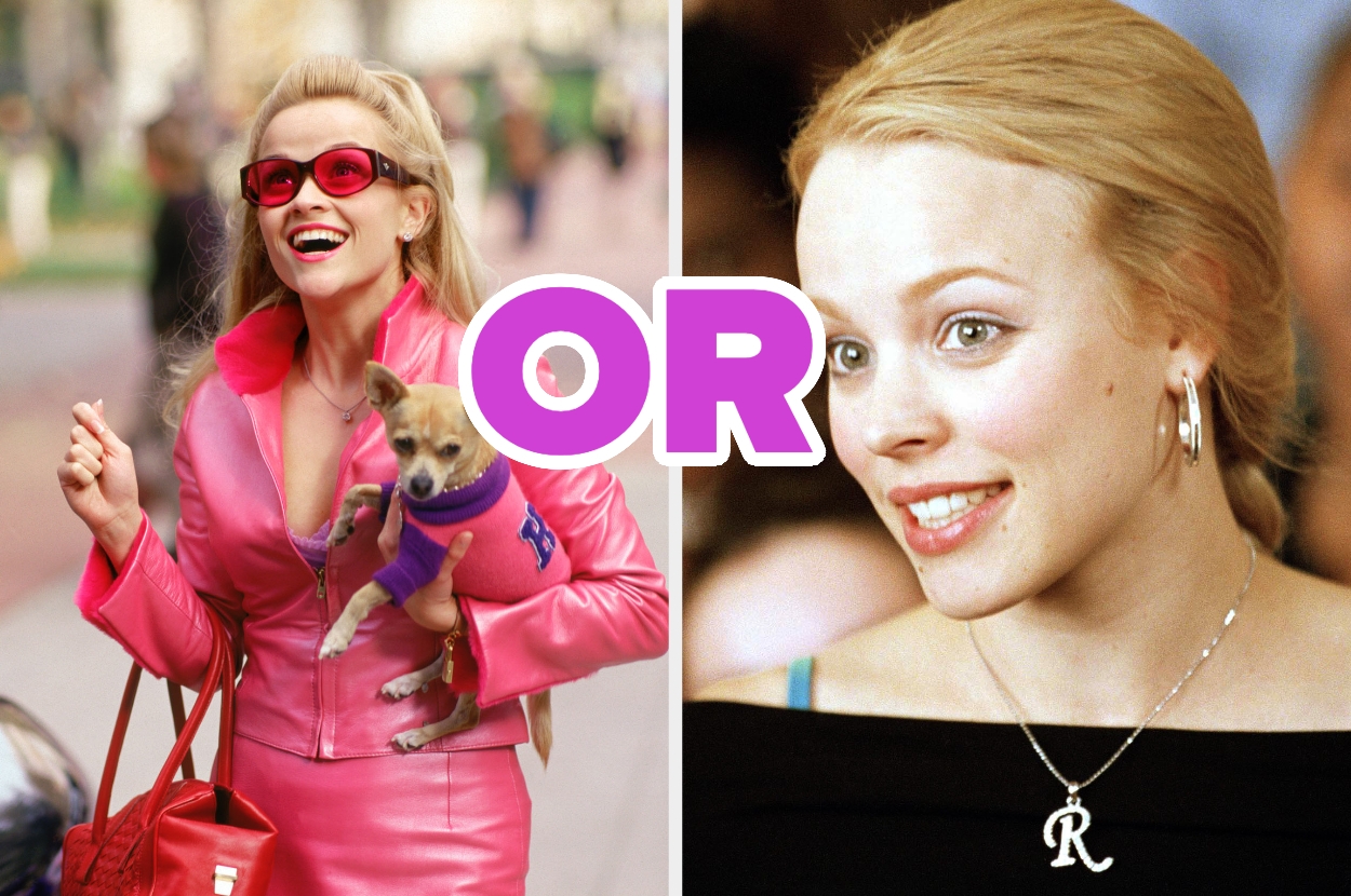 Side-by-side of a woman in a stylish outfit holding a small dog on the left, and another woman with an "R" necklace on the right. "OR" in bold text