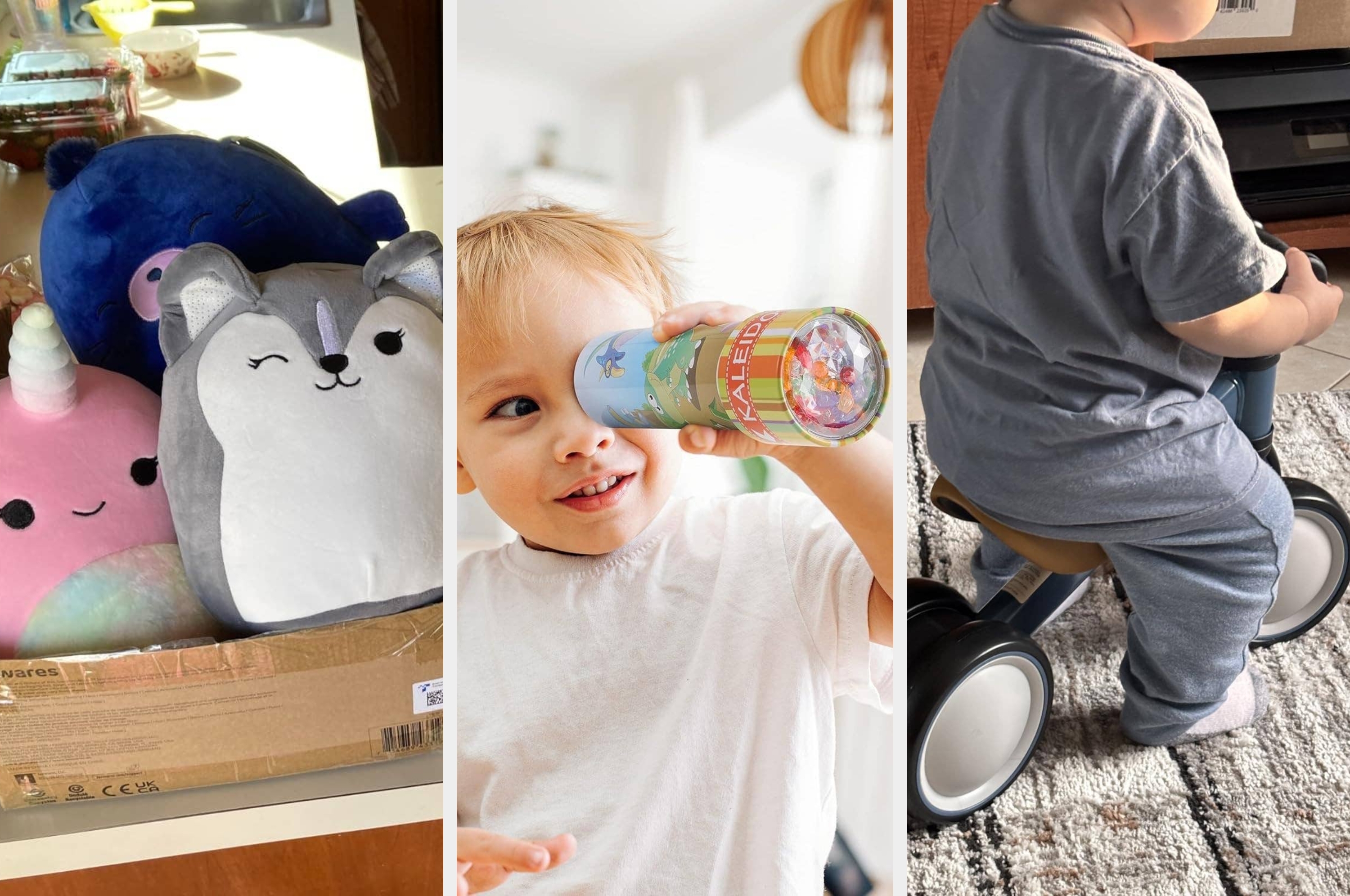 On the left, a plush dog toy with labeled buttons "Music" and "Hand". On the right, a young child in a dress playing with colorful blocks and a cow toy