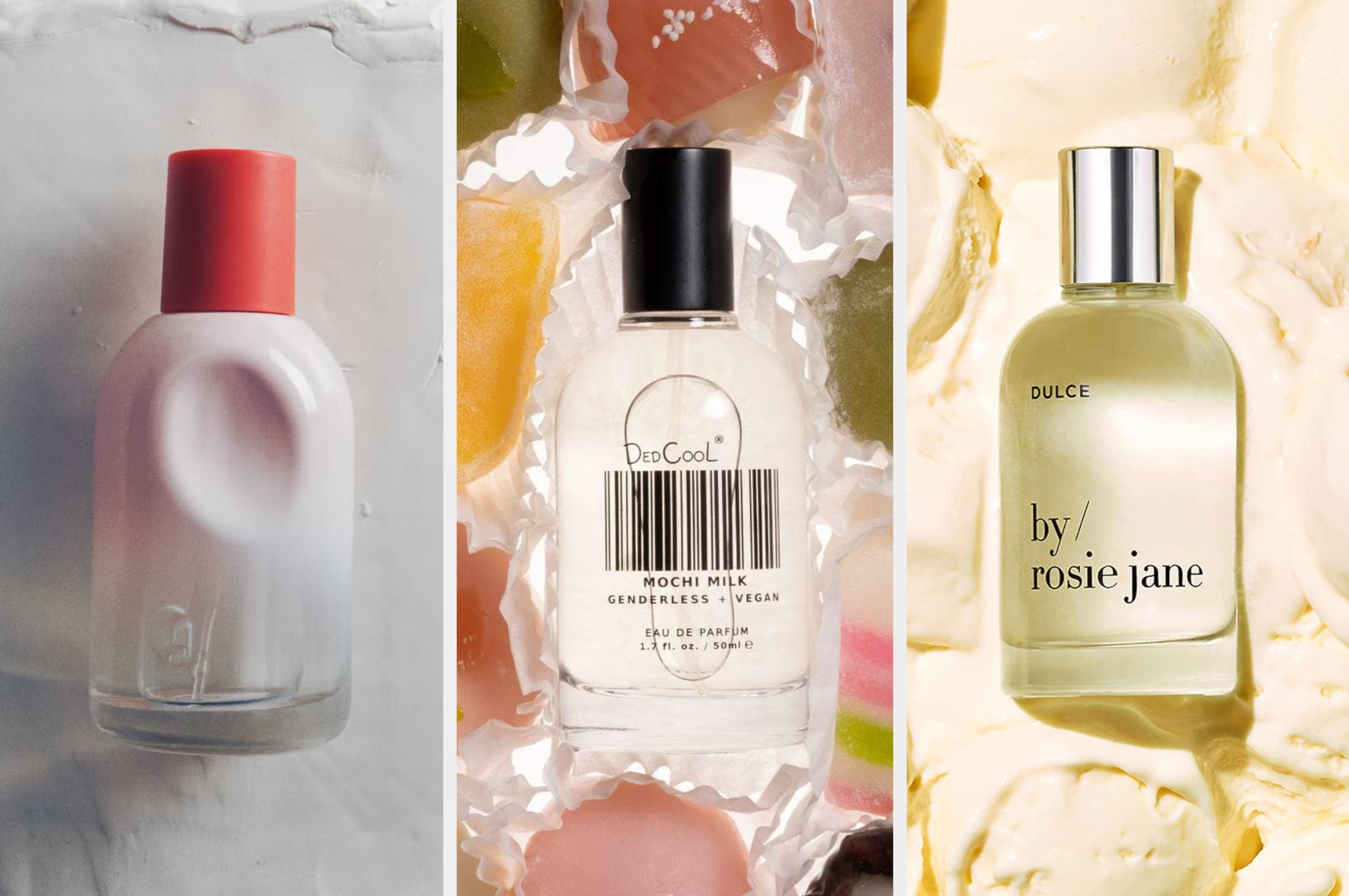 Three perfume bottles with labels: Glossier You, DedCool Mochi Milk with barcode design, and By Rosie Jane beside a pineapple slice