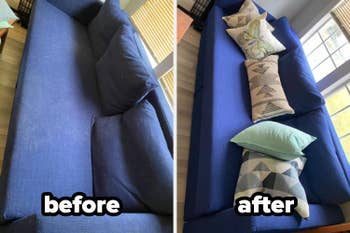A bluish sofa with favored hairsbreadth connected the cushions and backrest, situated successful a well-lit country adjacent a model with blinds