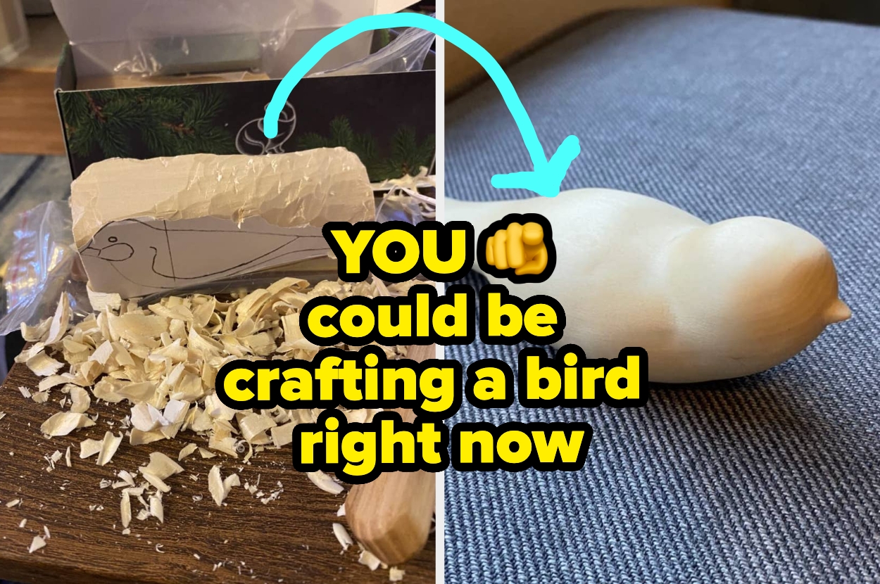 Soap carving kit with instructions and shavings; text says, "YOU could be crafting a bird right now."