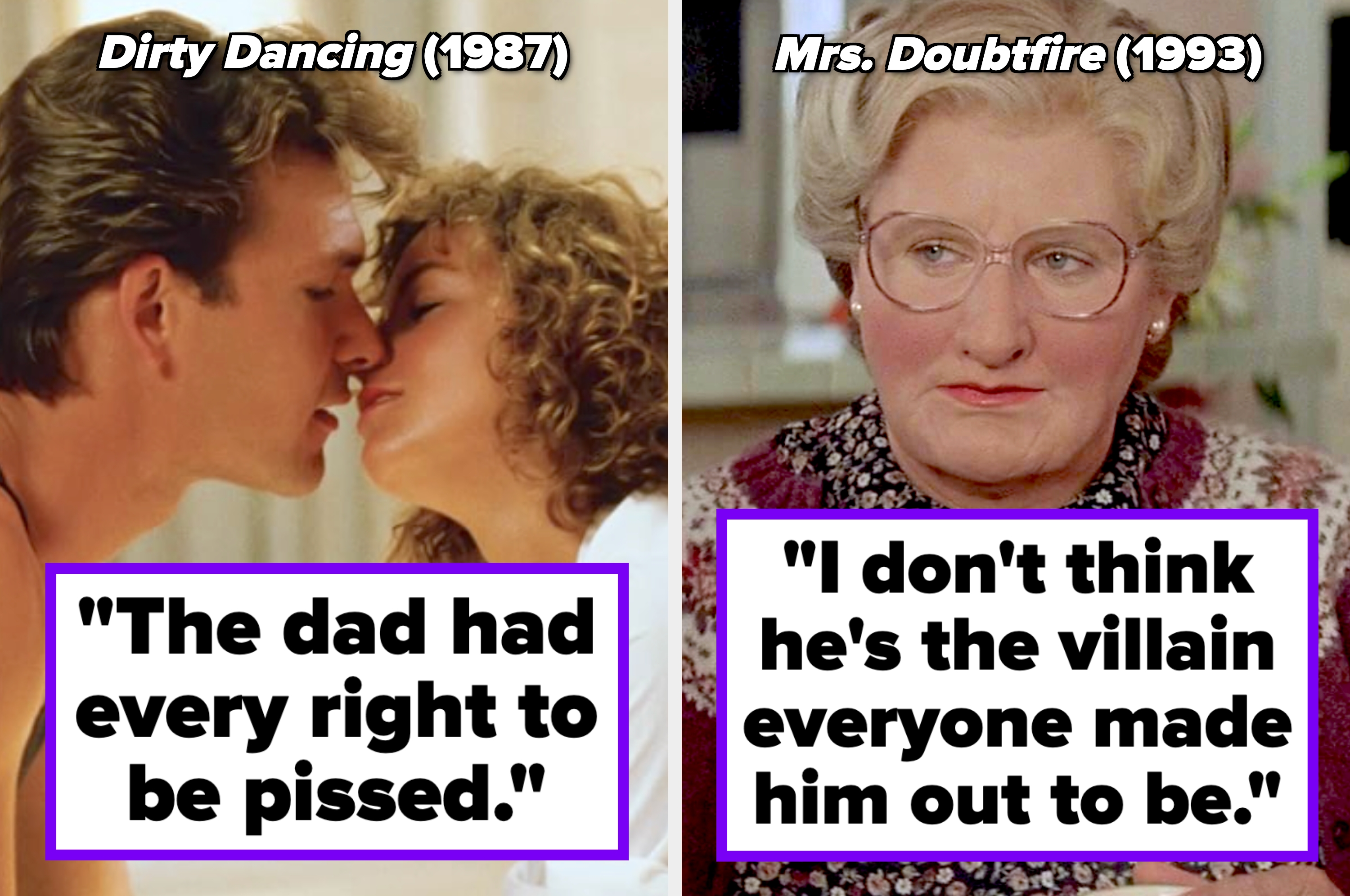 Split image: "Dirty Dancing" (1987) quote on left; "Mrs. Doubtfire" (1993) quote on right. Each features main characters in famous scenes