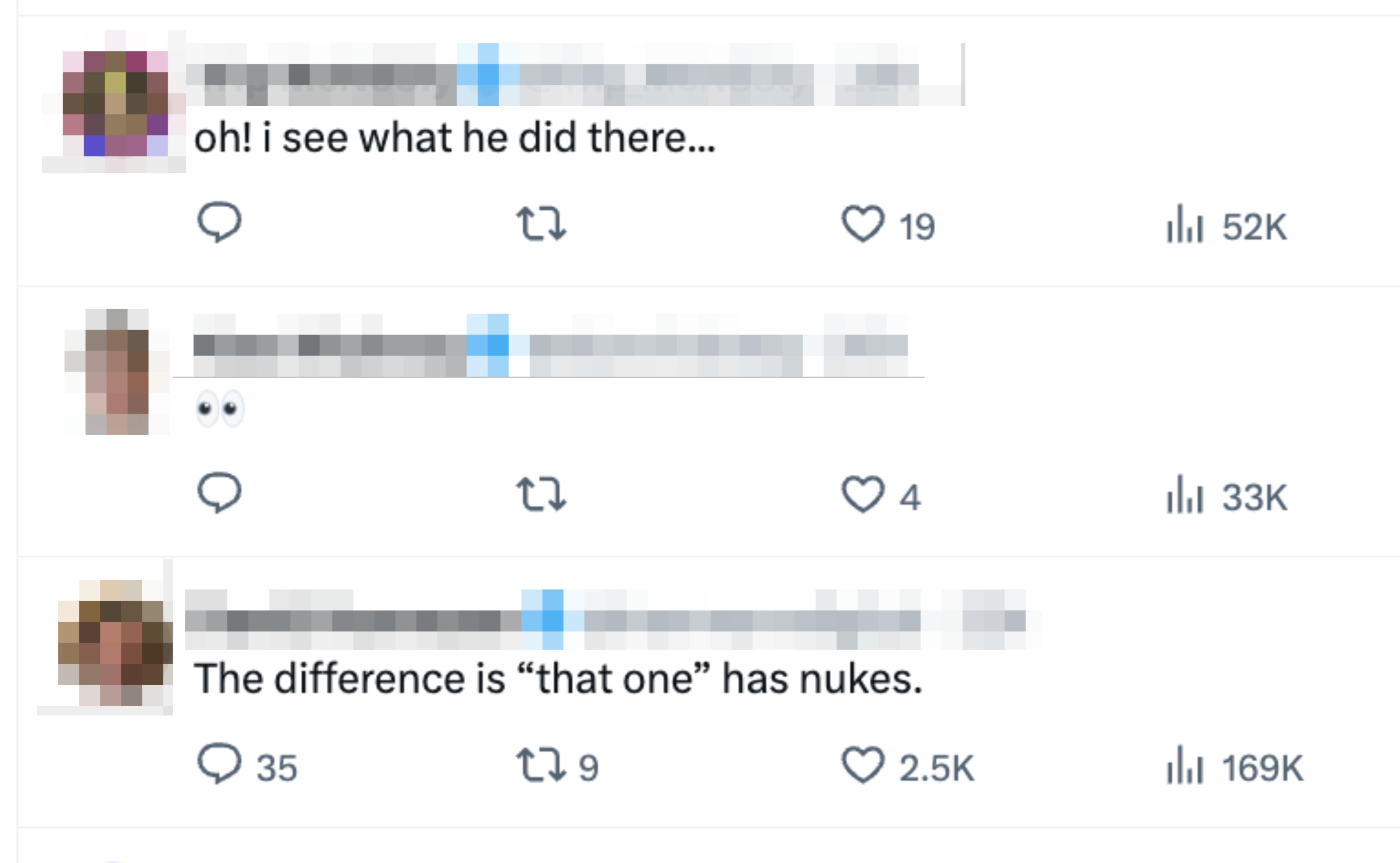 Tre tweets som diskuterer en situasjon med varierende reaksjoner, og noterer humor, overraskelse og bekymring for kjernefysiske implikasjoner. Engasjementsstatistikk er synlig