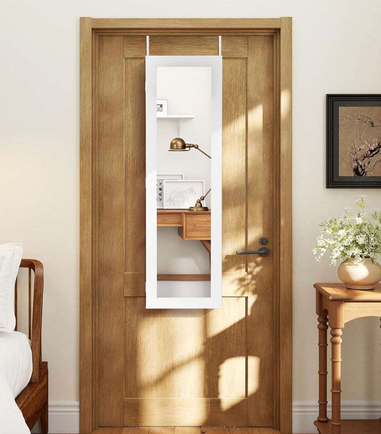 Over-the-door reflector  reflecting a cozy country   with a desk, shelf, and decor items successful  earthy  light