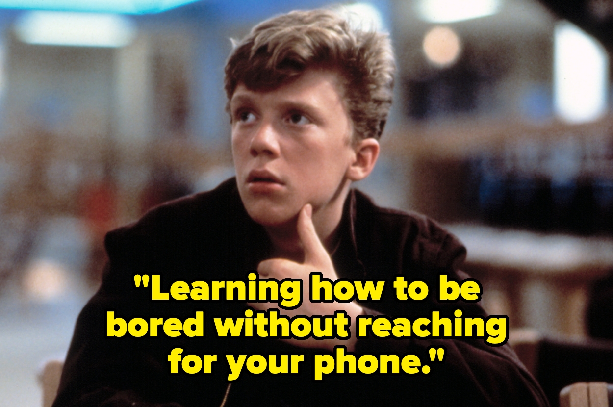 Image of a teen boy with a pondering expression, text overlay: "Learning how to be bored without reaching for your phone."