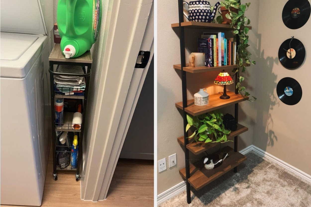 Left: Narrow cart with cleaning products fits beside a washing machine. Right: Wooden shelves with books, a plant, and decorative items in a corner