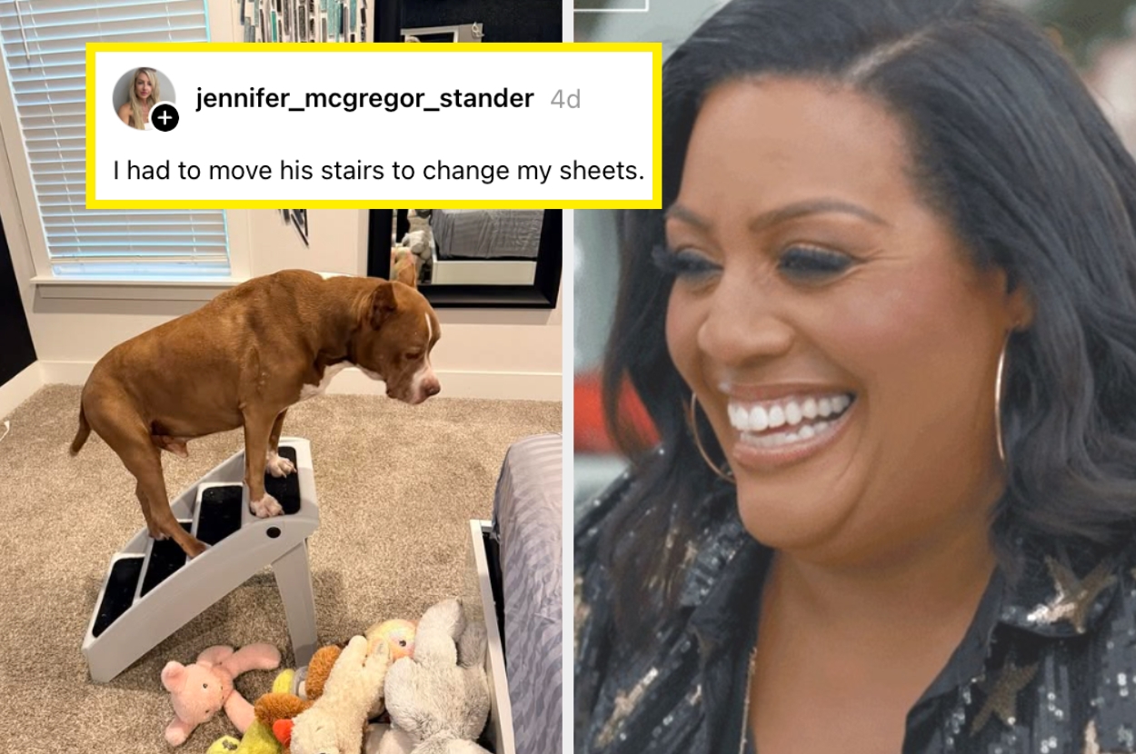 Dog using mini stairs beside a bed, toys on the floor; person smiling. Text reads: "I had to move his stairs to change my sheets."