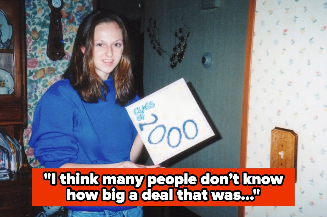 A person holds a sign reading "Class of 2000" in a home setting. Text below says, "I think many people don’t know how big a deal that was..."