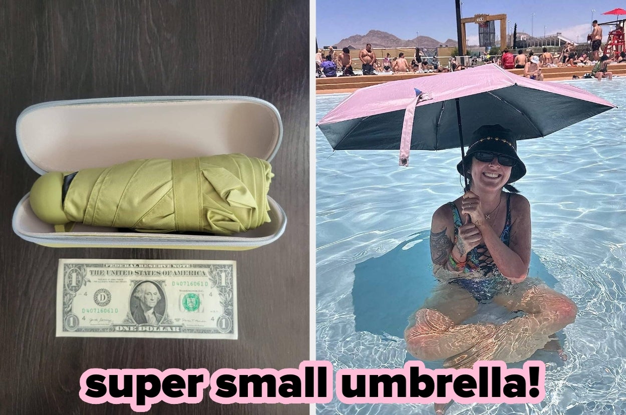 Compact yellow umbrella next to a dollar bill; woman uses umbrella for shade in a pool