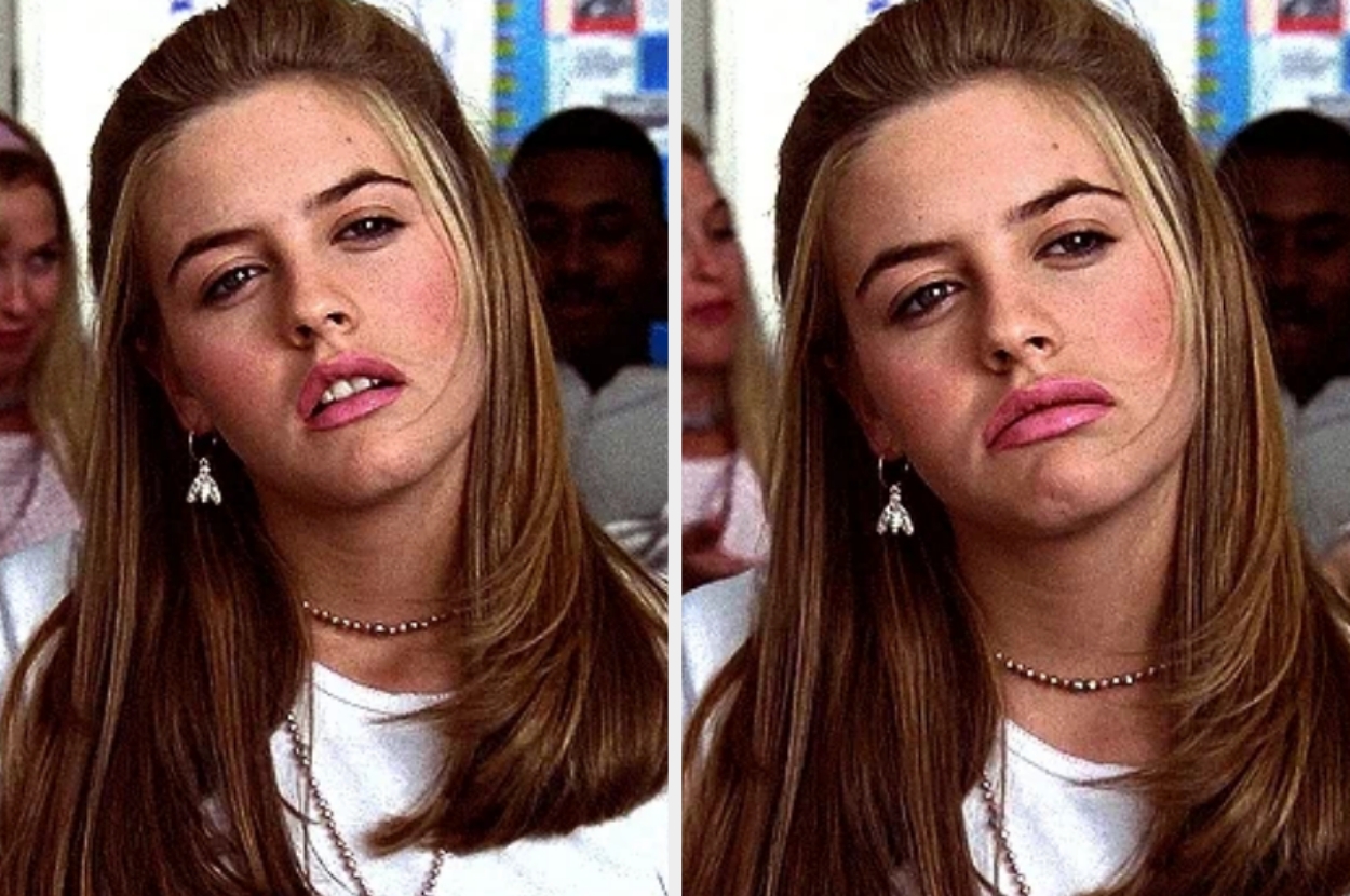 Person with straight hair wearing a white top, pearl necklace, and earrings appears in a thoughtful expression, reflecting 90s fashion style