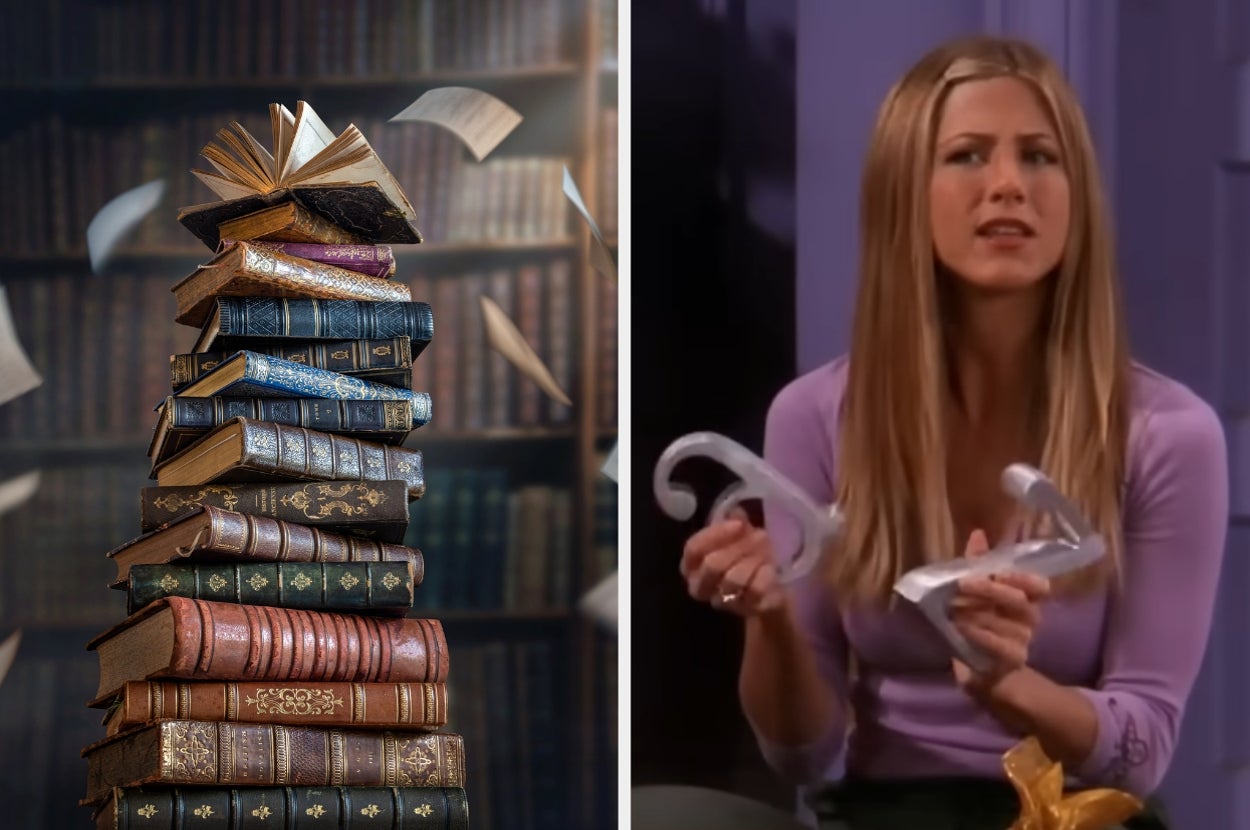 Left: Stack of antique books with pages flying. Right: Rachel from "Friends" holding A and Z bookends, looking confused