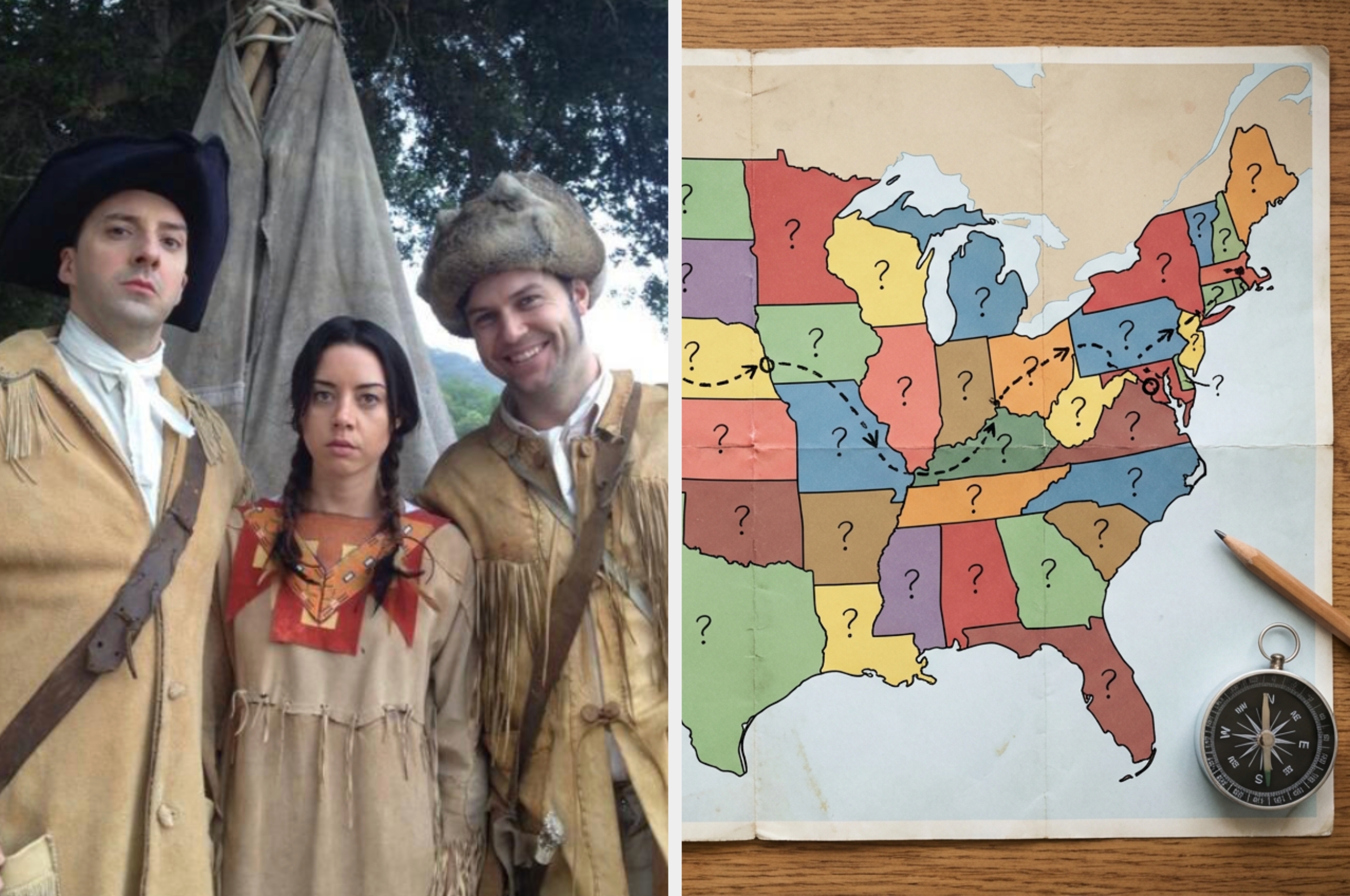 Three people in frontier-era attire pose outdoors. Beside them, a U.S. map with question marks and a compass suggests a travel route