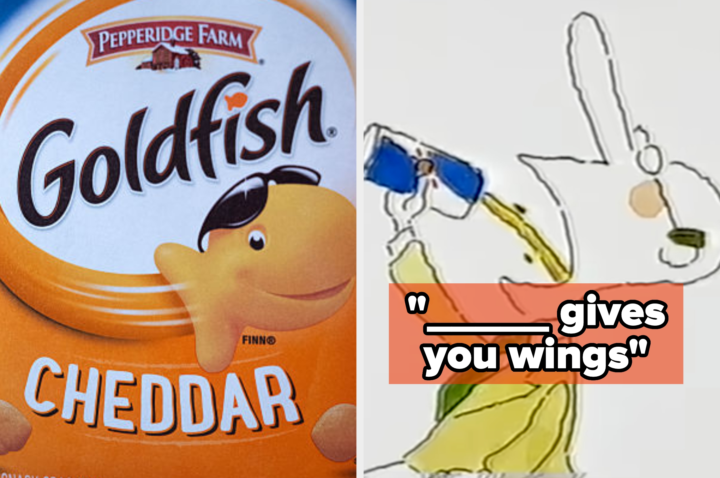Goldfish Cheddar label on left; illustration with text "____ gives you wings" on right