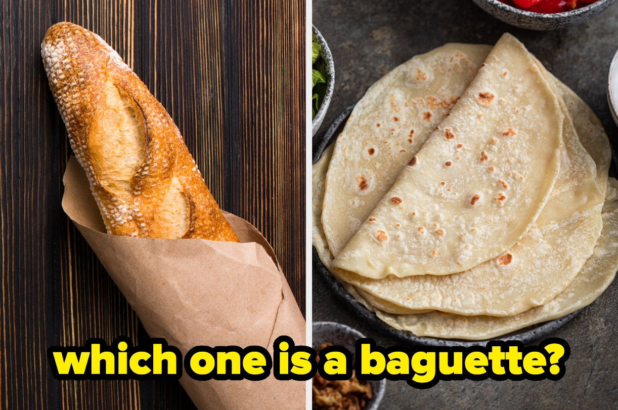 A baguette in brown paper next to folded flatbreads on a dark surface with text: "which one is a baguette?"