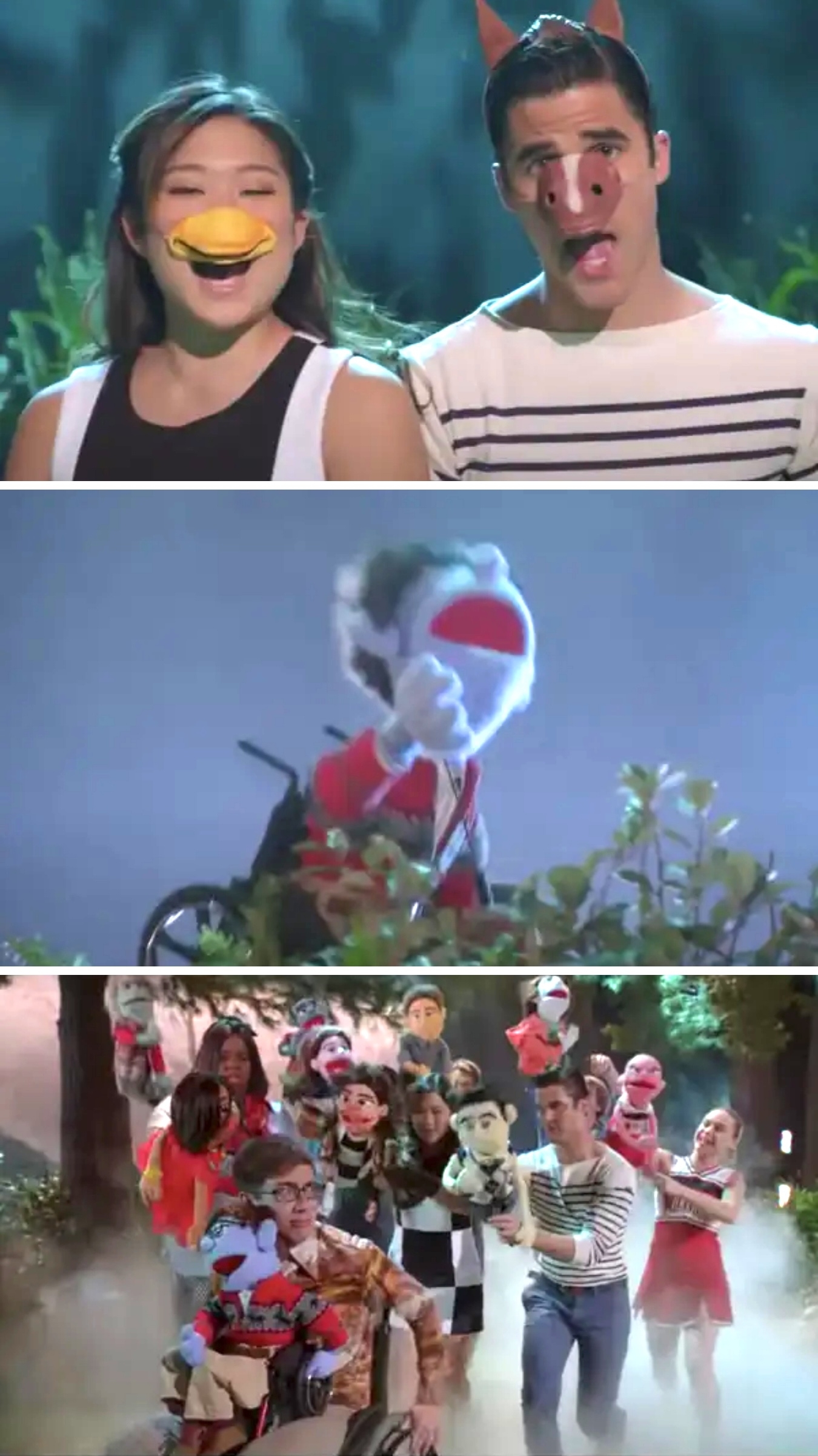 the characters with puppets in "what does the fox say" on the show