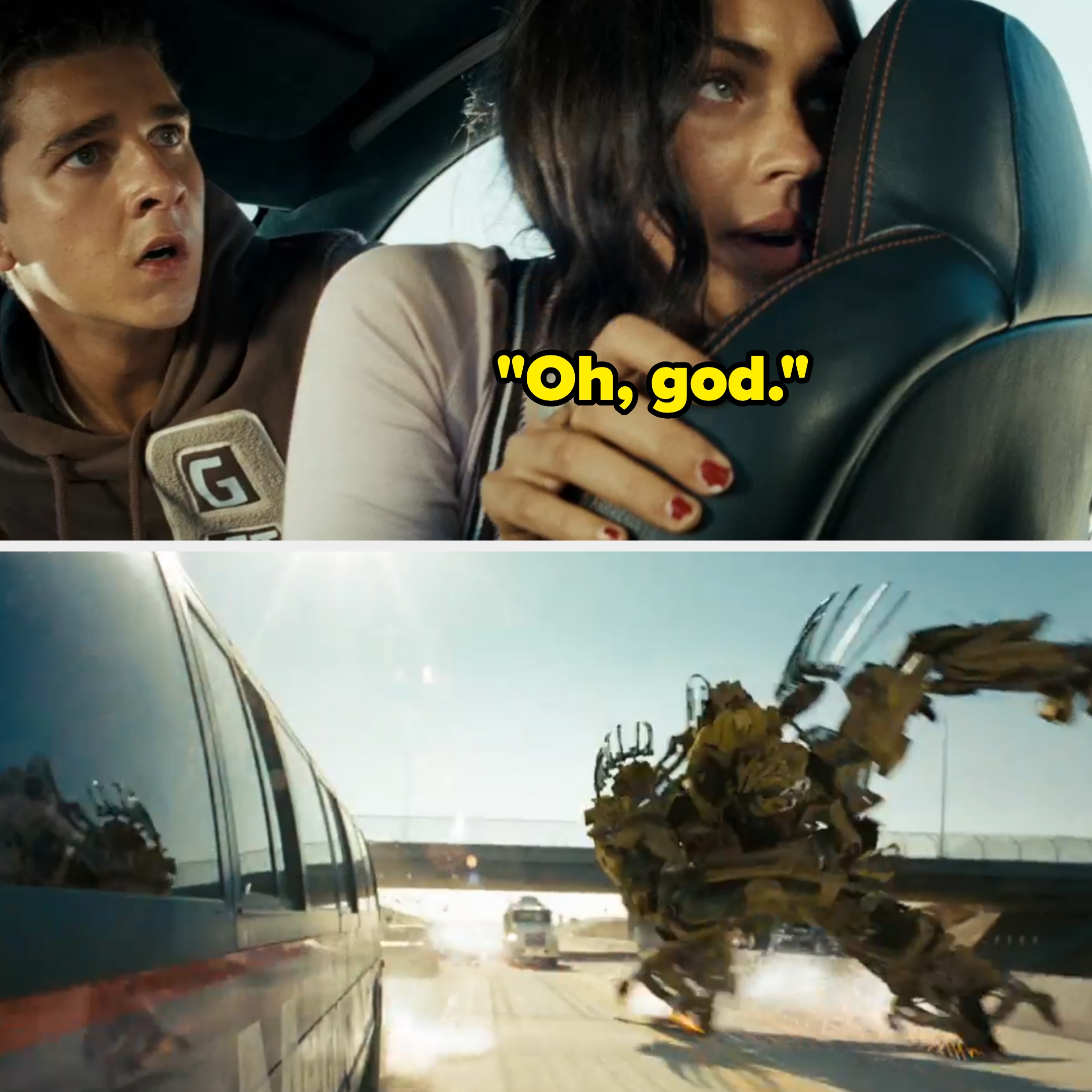 Megan Fox with Shia in the first film, looking surprised and saying "oh god" as a large robotic figure charges on a highway