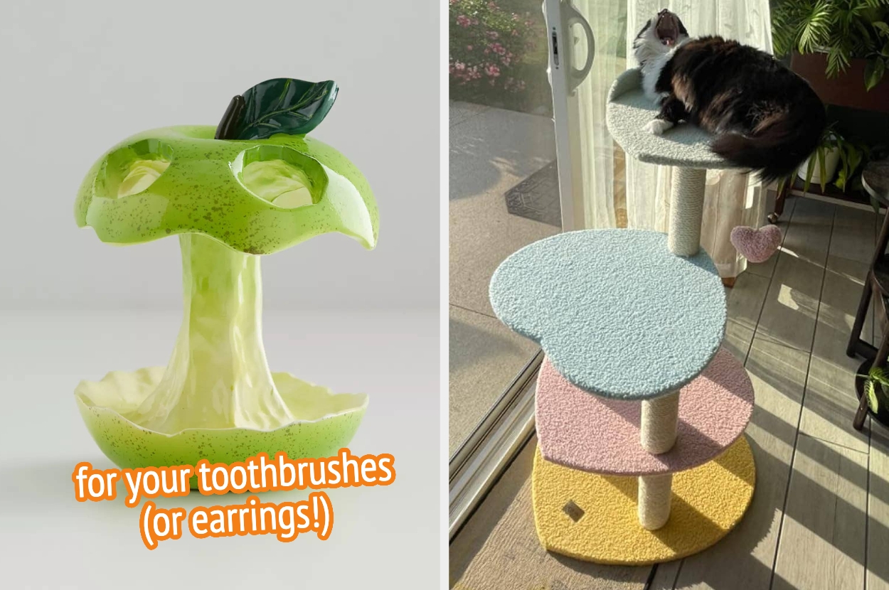 Apple-core toothbrush holder and multi-level cat tower with a cat lounging on top