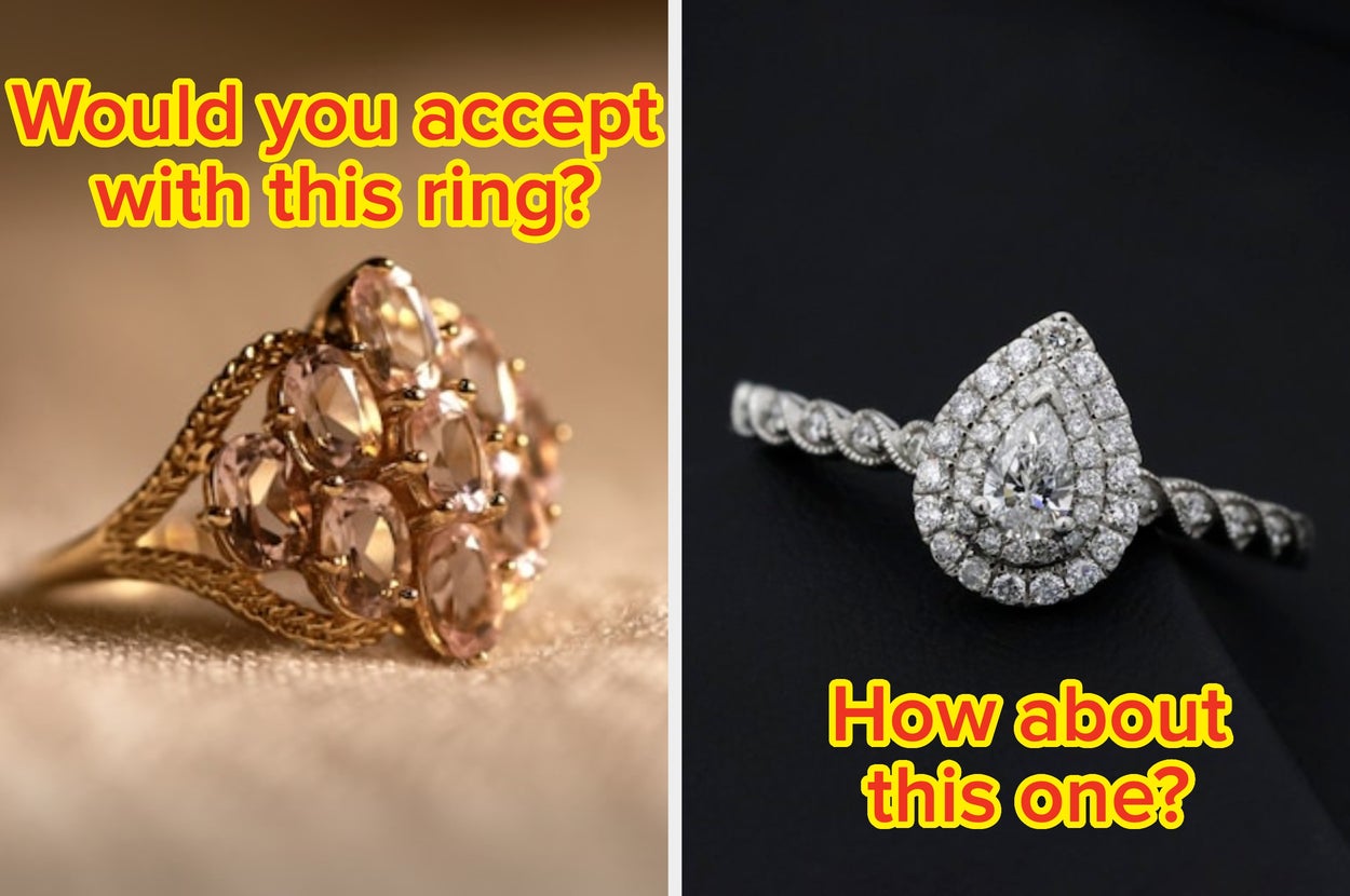 Split image of two rings with text: "Would you accept with this ring?" next to a gold ring, and "How about this one?" next to a diamond ring