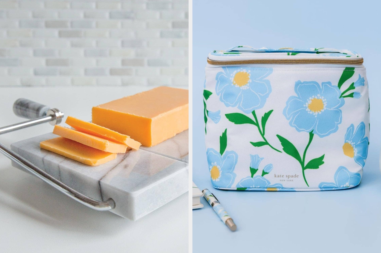 A cheese slicer with a block of cheese next to a floral-patterned cosmetic bag, illustrating kitchen and personal accessories for shopping