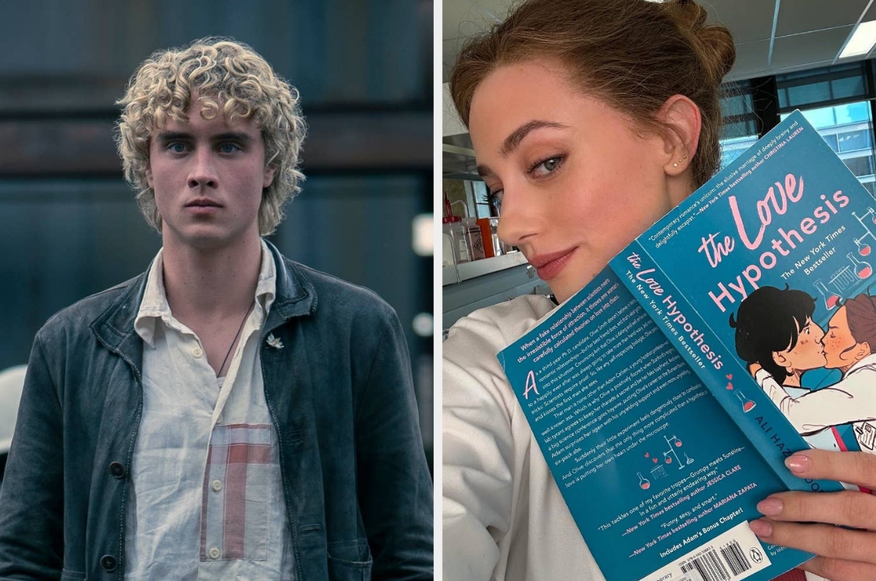 Two images: Left, a person in casual attire looking serious. Right, a person smiling while holding "The Love Hypothesis" book, showing the back cover