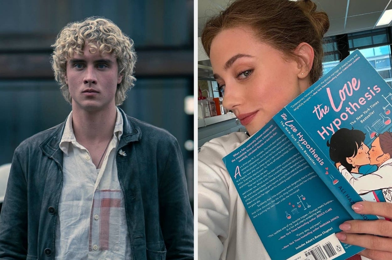 Two images: Left, a person in casual attire looking serious. Right, a person smiling while holding "The Love Hypothesis" book, showing the back cover