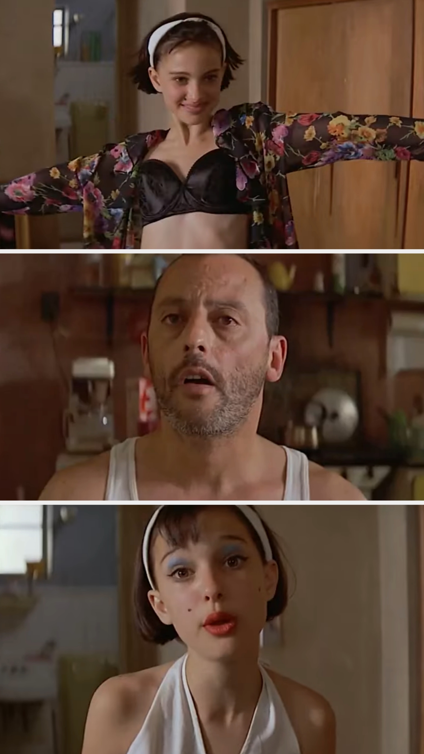 Portman trying on clothes and makeup in the film as a man watches