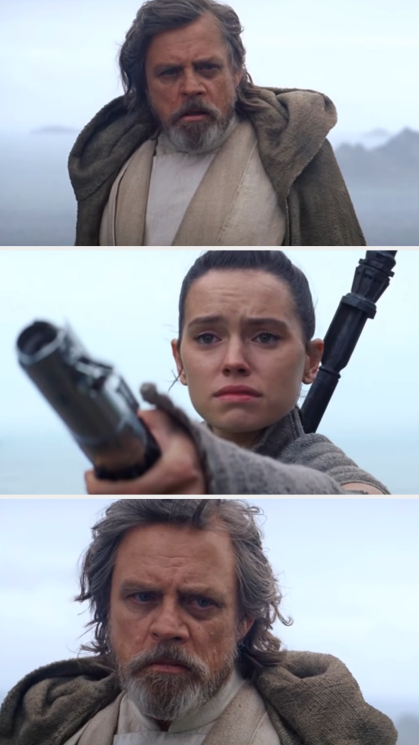 Rey holds a lightsaber out to luke at the end of the force awakens