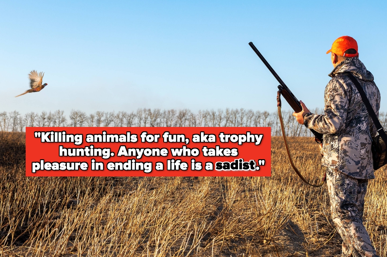 Hunter in camouflage aims a gun at a flying bird; text criticizes trophy hunting, labeling it sadistic