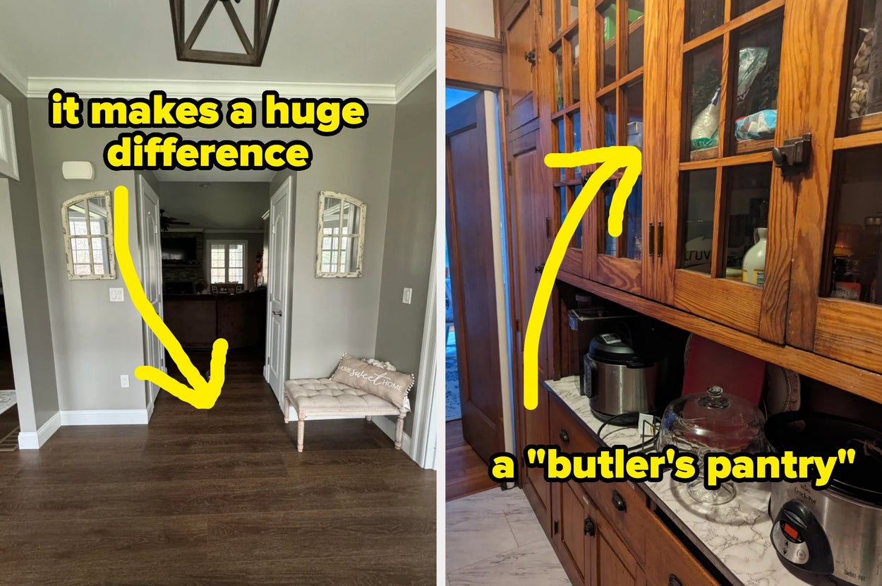 Two photos: the first shows an entryway with text: "it makes a huge difference"; the second shows a well-organized pantry with text: "a butler's pantry"