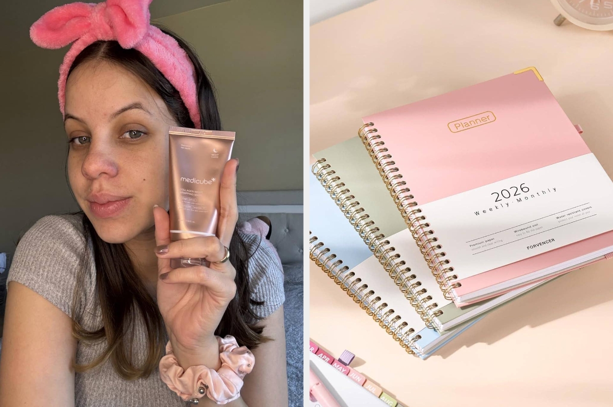 reviewer with pink headband holds skincare product; beside her, several spiral planners are stacked with one labeled "2026 Weekly Planner."