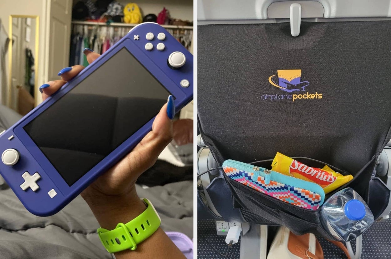 Person holding a handheld gaming console; airplane seat pocket organizer with magazine, snacks, and water bottle