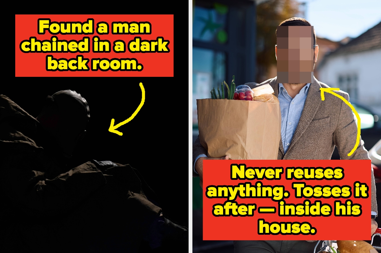 Left side: A person is chained in a dimly lit room. Right side: A person with a blurred face carries groceries; text suggests wastefulness