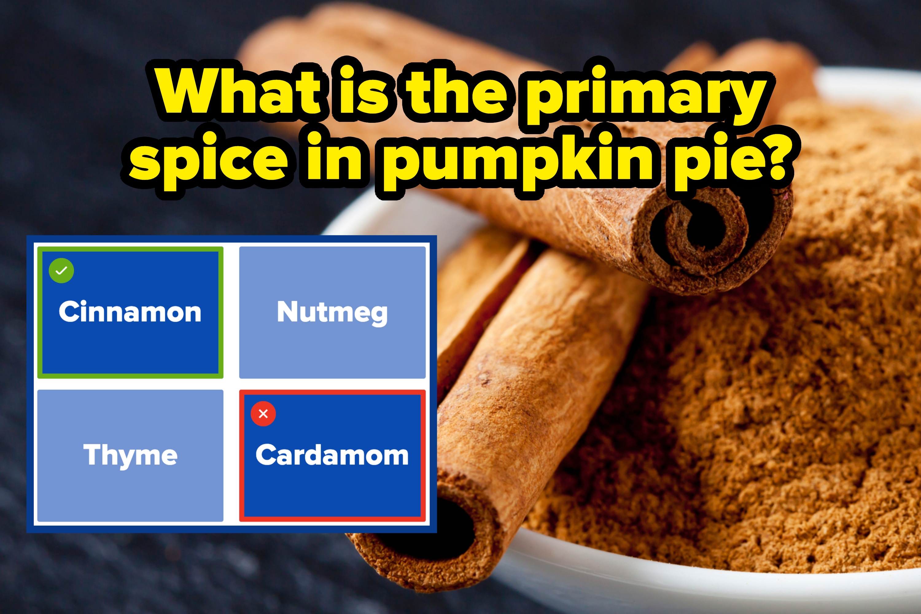 A bowl of ground cinnamon with cinnamon sticks beside it; an inset highlights spices: cinnamon, nutmeg, thyme, with cardamom marked incorrect